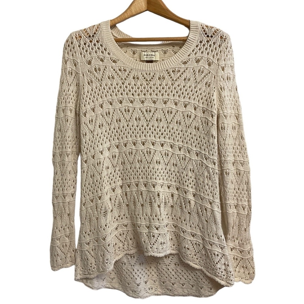 Sonoma Life + Style Sweater Womens Medium Cream Pointelle Open Knit Pullover